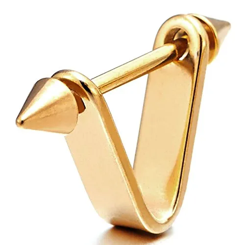 Gold Color Spike Triangle Huggie Hinged Hoop Earrings for Men Women, Stainless Steel, 2pcs
