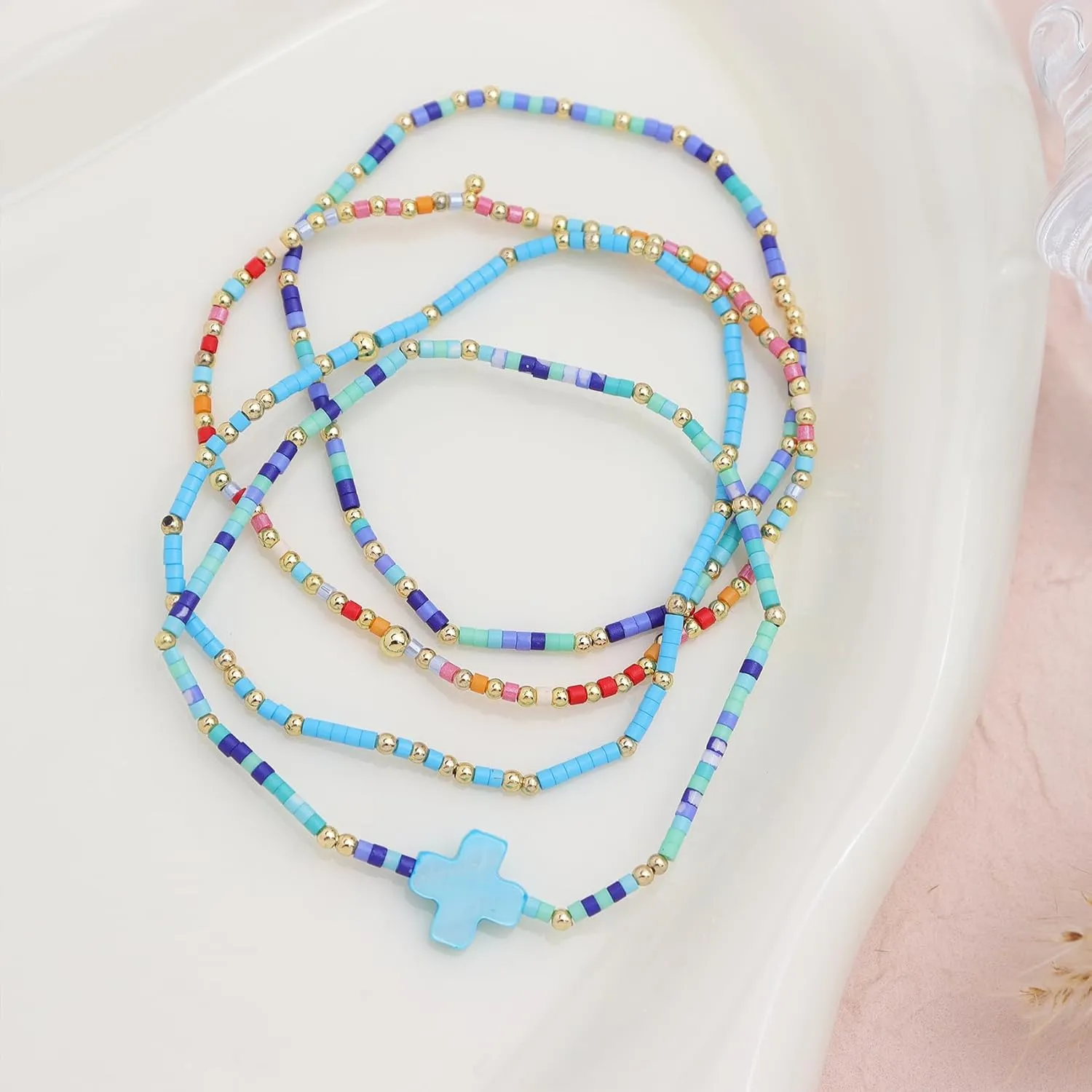 Gold Colorful Cross Seed Beads Stretch Stack Bracelets Set for Women, Trendy Handmade Beaded Elastic Stackable Friendship Bracelet Holiday Fashion Jewelry Gift