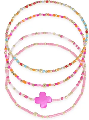 Gold Colorful Cross Seed Beads Stretch Stack Bracelets Set for Women, Trendy Handmade Beaded Elastic Stackable Friendship Bracelet Holiday Fashion Jewelry Gift