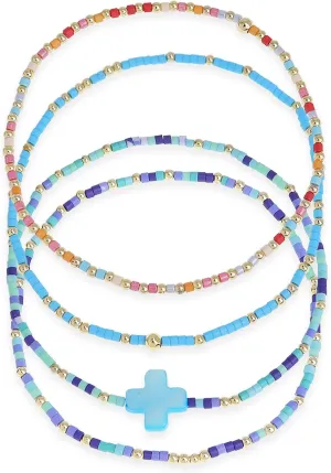Gold Colorful Cross Seed Beads Stretch Stack Bracelets Set for Women, Trendy Handmade Beaded Elastic Stackable Friendship Bracelet Holiday Fashion Jewelry Gift
