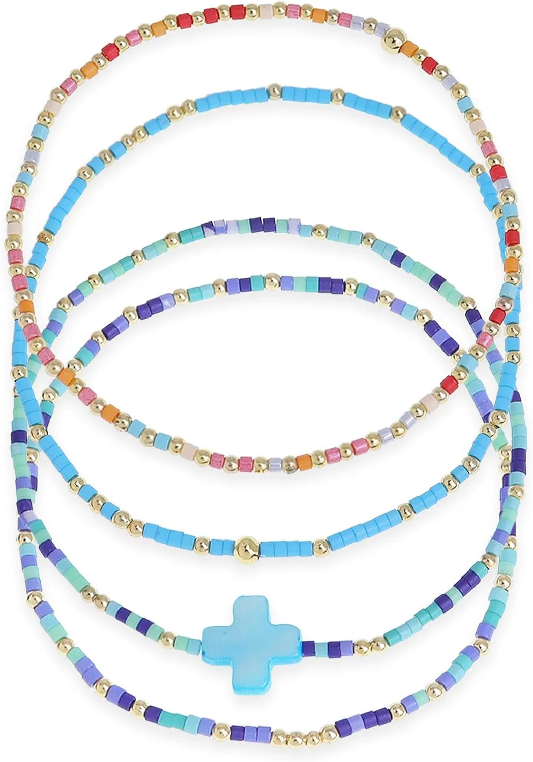 Gold Colorful Cross Seed Beads Stretch Stack Bracelets Set for Women, Trendy Handmade Beaded Elastic Stackable Friendship Bracelet Holiday Fashion Jewelry Gift