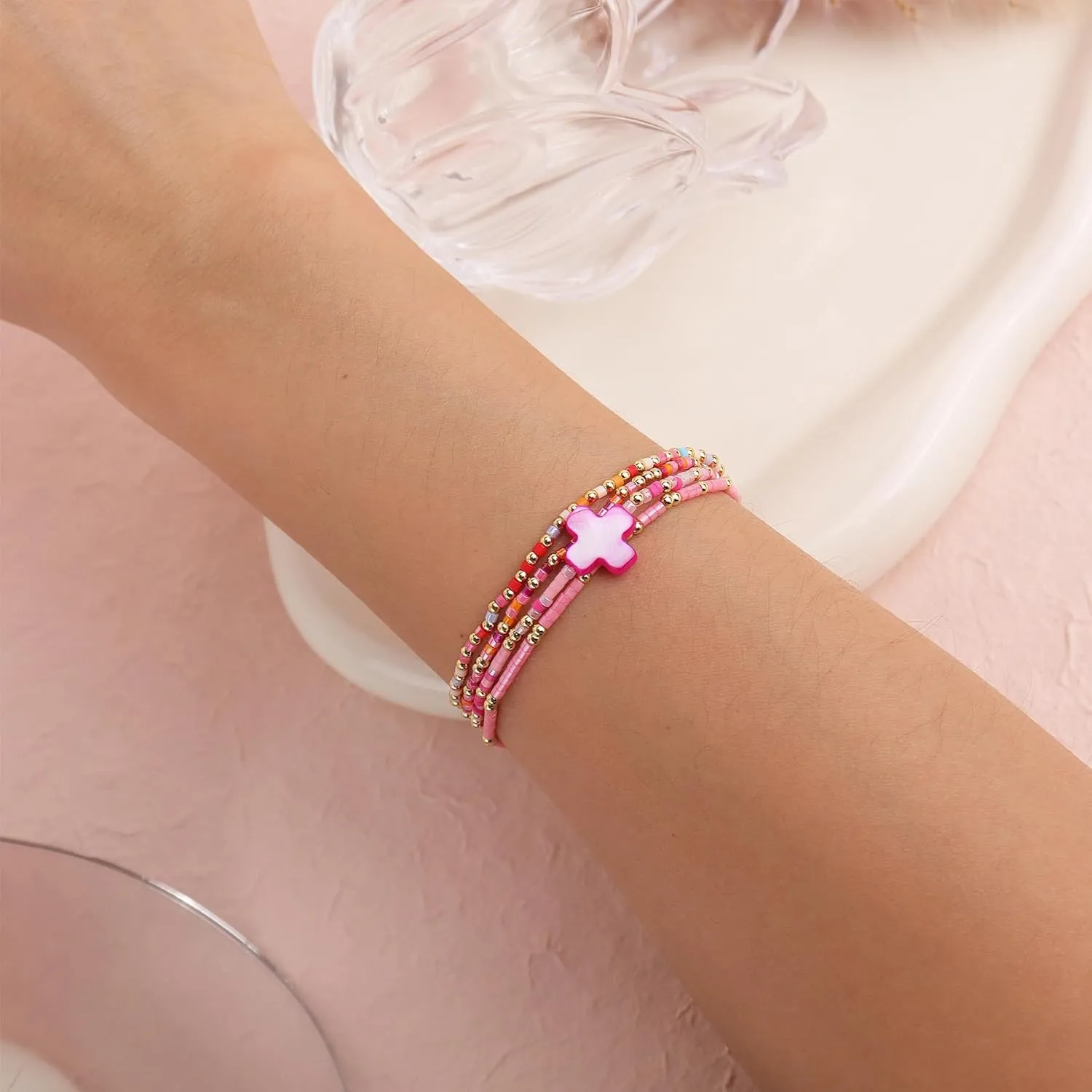 Gold Colorful Cross Seed Beads Stretch Stack Bracelets Set for Women, Trendy Handmade Beaded Elastic Stackable Friendship Bracelet Holiday Fashion Jewelry Gift