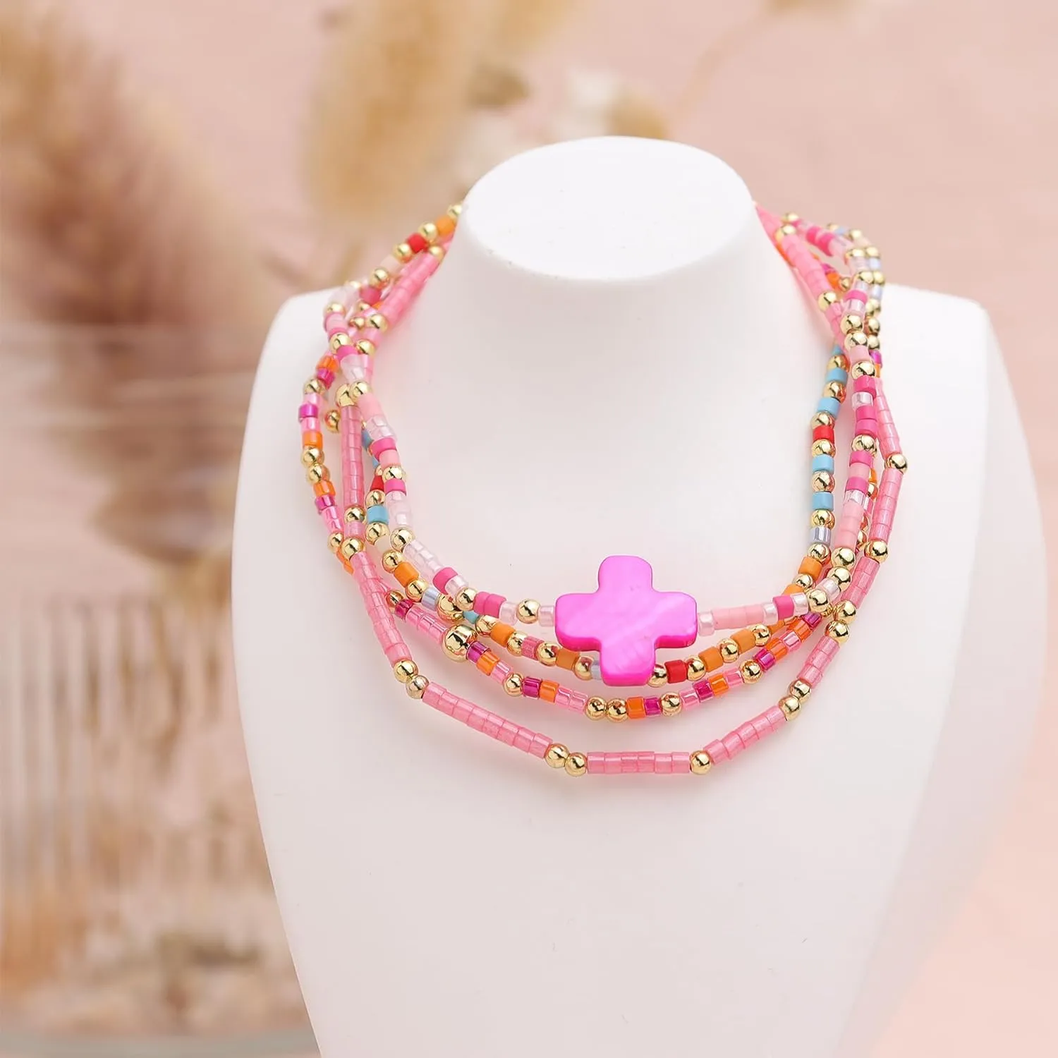 Gold Colorful Cross Seed Beads Stretch Stack Bracelets Set for Women, Trendy Handmade Beaded Elastic Stackable Friendship Bracelet Holiday Fashion Jewelry Gift