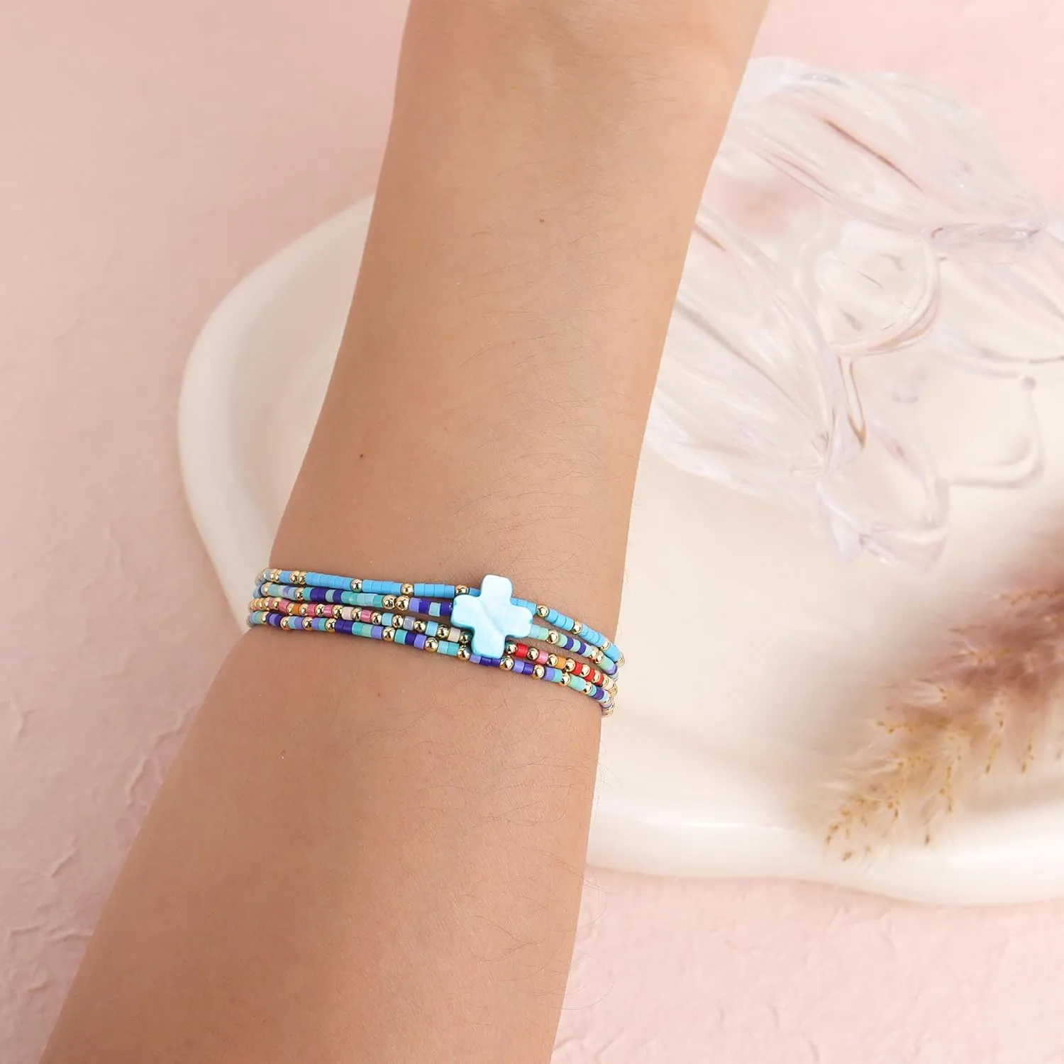Gold Colorful Cross Seed Beads Stretch Stack Bracelets Set for Women, Trendy Handmade Beaded Elastic Stackable Friendship Bracelet Holiday Fashion Jewelry Gift