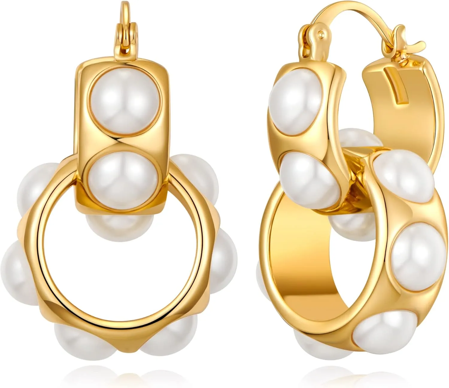Gold Hoop Earrings for Women Gold Interlock Hoops Thick Double Gold Hoops Statement Dangle Drop Earrings Lightweight Hypoallergenic Fashion Jewelry