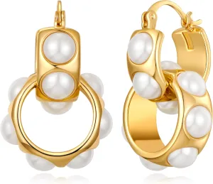 Gold Hoop Earrings for Women Gold Interlock Hoops Thick Double Gold Hoops Statement Dangle Drop Earrings Lightweight Hypoallergenic Fashion Jewelry