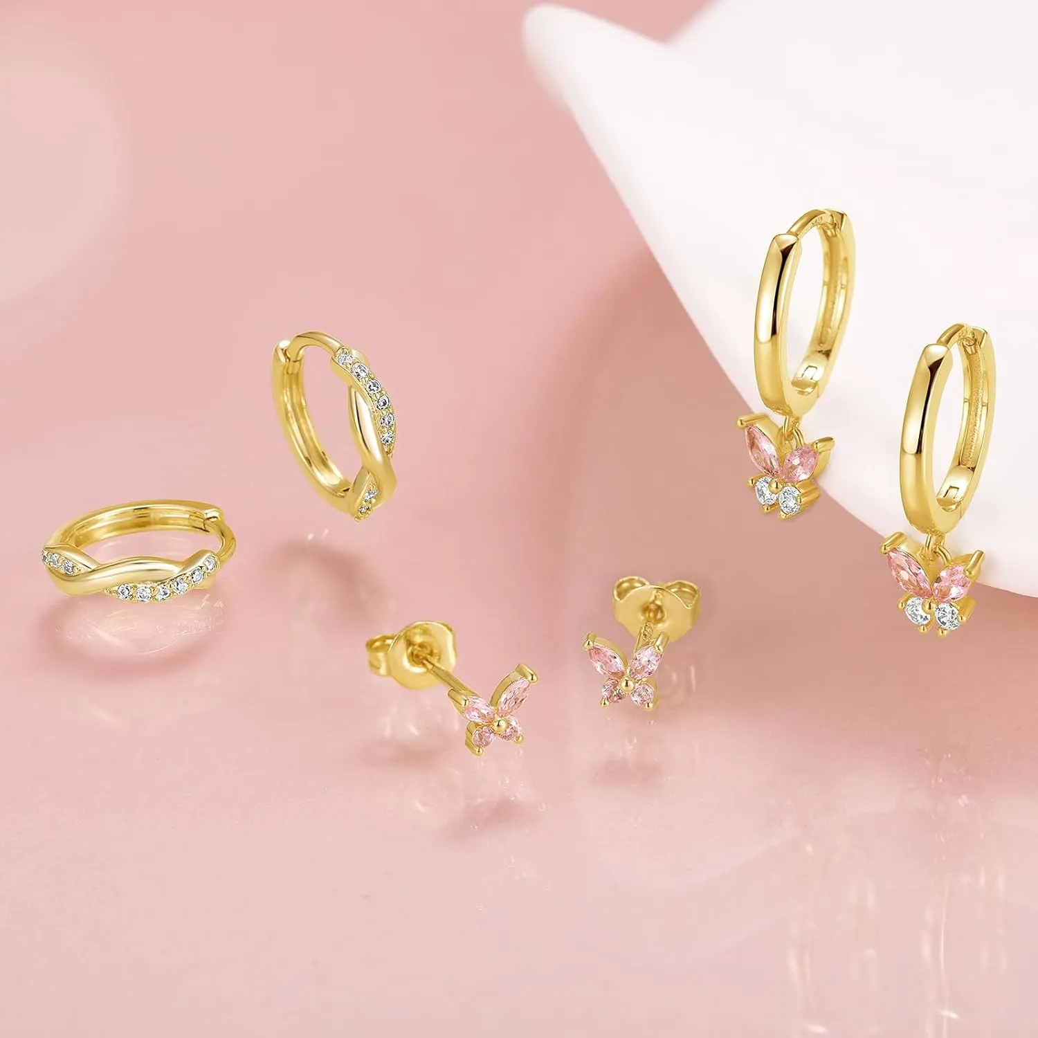 Gold Hoop Earrings Set For Women,14k 925 Sterling Silver Pink Butterfly Earrings,Dainty Hoop Earring Stacks Jewelry,Earring Set Multiple Piercings Birthday Mother's Day Gift For Mom Wife