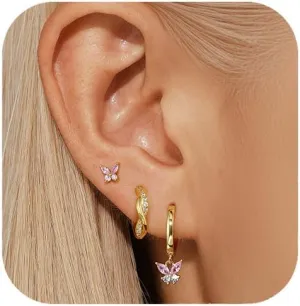 Gold Hoop Earrings Set For Women,14k 925 Sterling Silver Pink Butterfly Earrings,Dainty Hoop Earring Stacks Jewelry,Earring Set Multiple Piercings Birthday Mother's Day Gift For Mom Wife