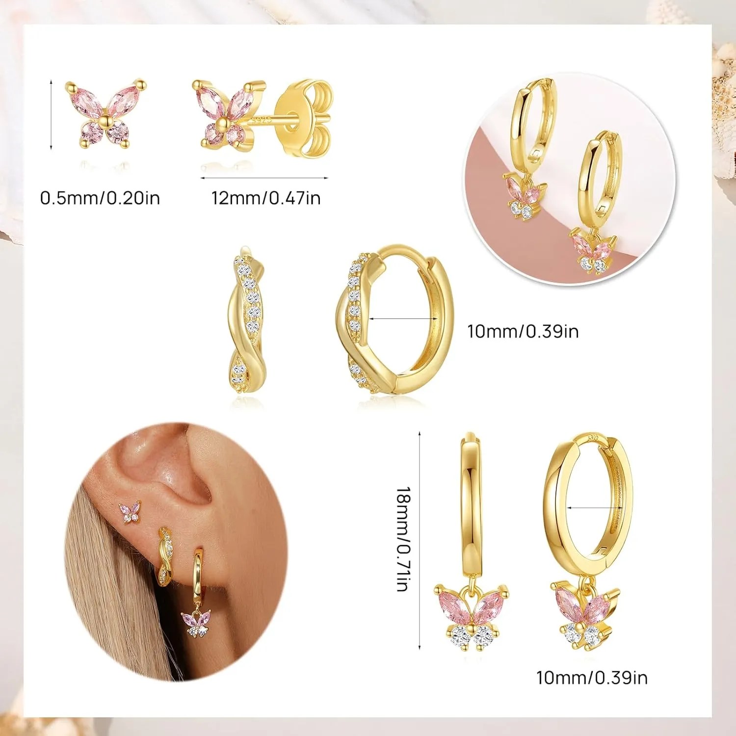 Gold Hoop Earrings Set For Women,14k 925 Sterling Silver Pink Butterfly Earrings,Dainty Hoop Earring Stacks Jewelry,Earring Set Multiple Piercings Birthday Mother's Day Gift For Mom Wife