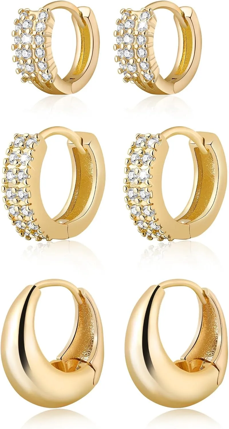 Gold Hoop Earrings Set for Women,14K Gold Plated Hypoallergenic Chunky Hoop Earrings,Small Gold Earrings Sets for Multiple Piercing