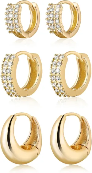 Gold Hoop Earrings Set for Women,14K Gold Plated Hypoallergenic Chunky Hoop Earrings,Small Gold Earrings Sets for Multiple Piercing