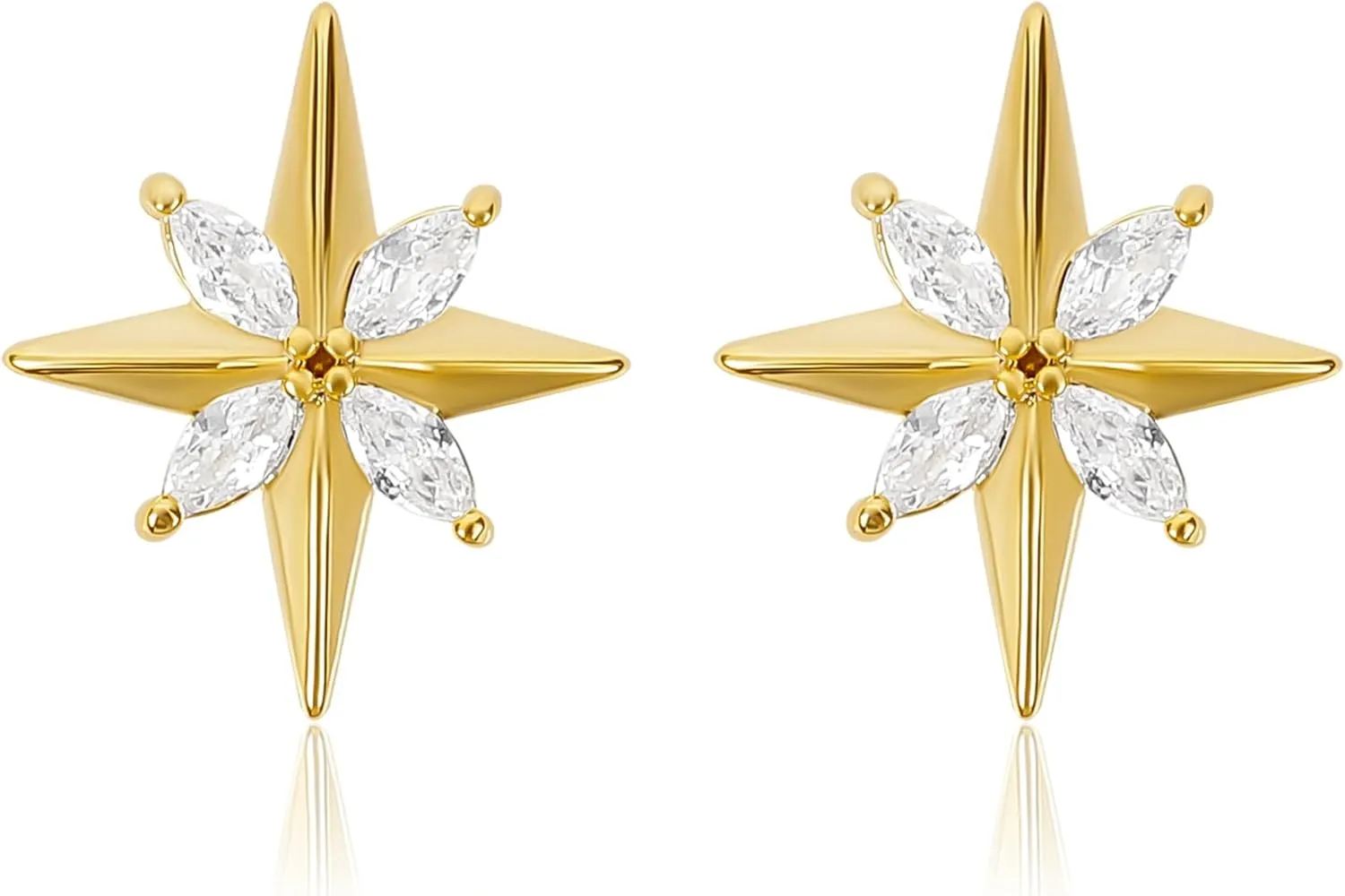 Gold North Star Stud Earrings for Women Dainty Dainty 14K Gold Plated Star Earrings with Cubic Zirconia Small Tiny Trendy Starburst Statement Earrings Jewelry Gift for Women