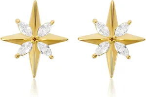 Gold North Star Stud Earrings for Women Dainty Dainty 14K Gold Plated Star Earrings with Cubic Zirconia Small Tiny Trendy Starburst Statement Earrings Jewelry Gift for Women
