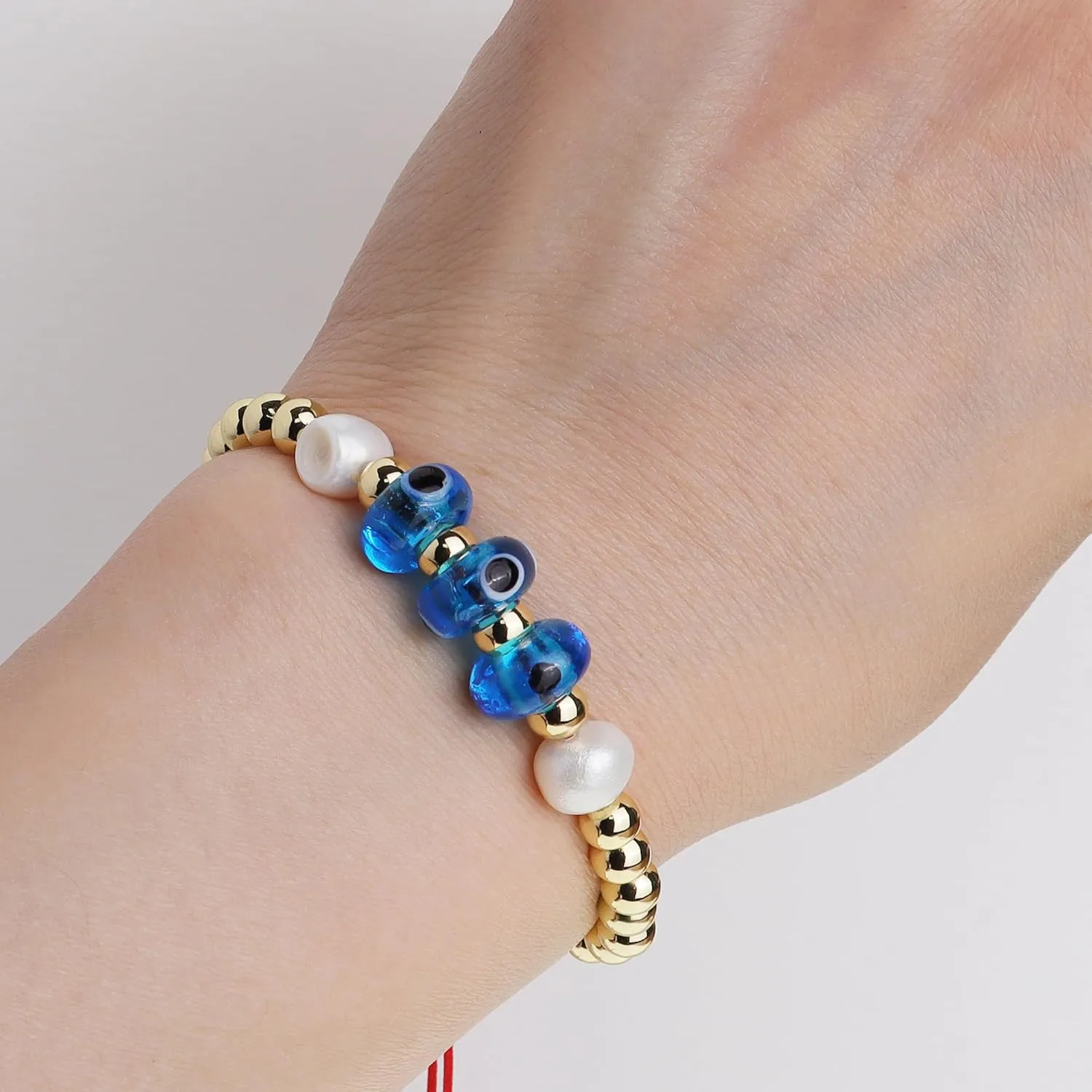 Gold Pearl Evil Eye Beaded Adjustable Bracelets for Women, Handmade Boho Pearls Beads Red Rope Braided String Bracelet Friendship Summer Jewelry Gift