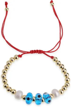 Gold Pearl Evil Eye Beaded Adjustable Bracelets for Women, Handmade Boho Pearls Beads Red Rope Braided String Bracelet Friendship Summer Jewelry Gift