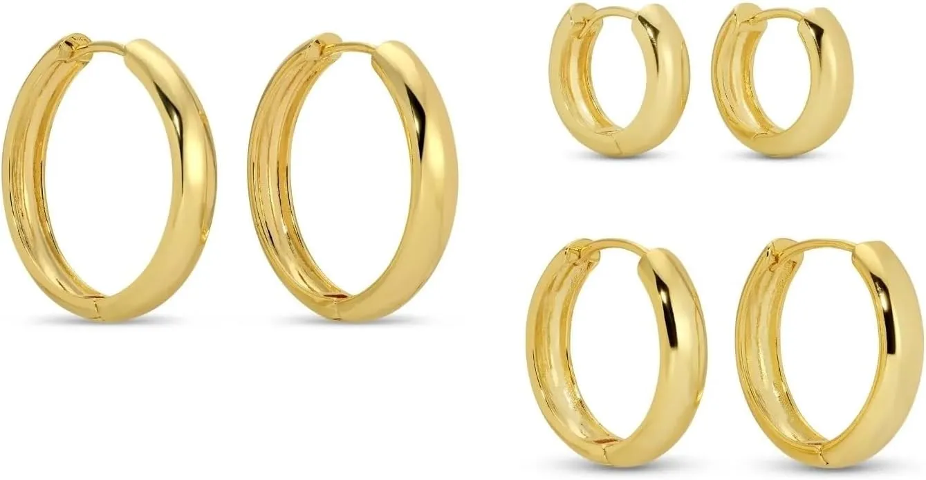 Gold Plated Graduated Hoop Earrings Set, 0.67-1.2 inch Drop Range, Brass Base