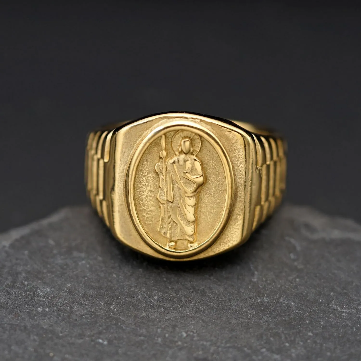 Gold Plated St Benedict Signet Rings Stainless Steel for Men,Saint Exorcism Ring Christian Jesus Catholic Roman Demon Finger Rings,Statement Fashion Jewelry