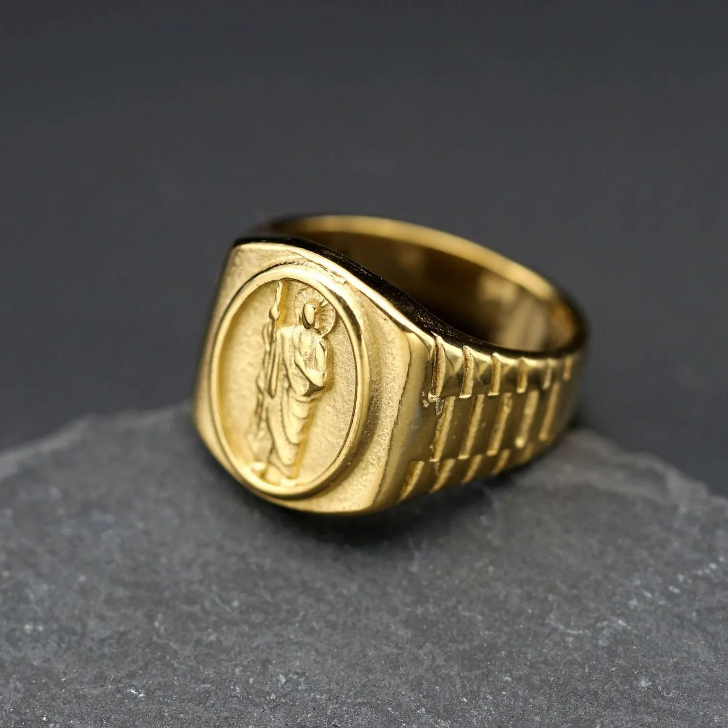 Gold Plated St Benedict Signet Rings Stainless Steel for Men,Saint Exorcism Ring Christian Jesus Catholic Roman Demon Finger Rings,Statement Fashion Jewelry