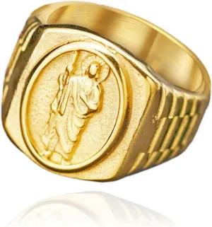 Gold Plated St Benedict Signet Rings Stainless Steel for Men,Saint Exorcism Ring Christian Jesus Catholic Roman Demon Finger Rings,Statement Fashion Jewelry