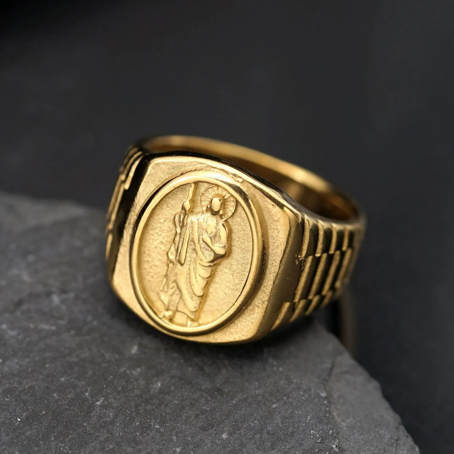 Gold Plated St Benedict Signet Rings Stainless Steel for Men,Saint Exorcism Ring Christian Jesus Catholic Roman Demon Finger Rings,Statement Fashion Jewelry