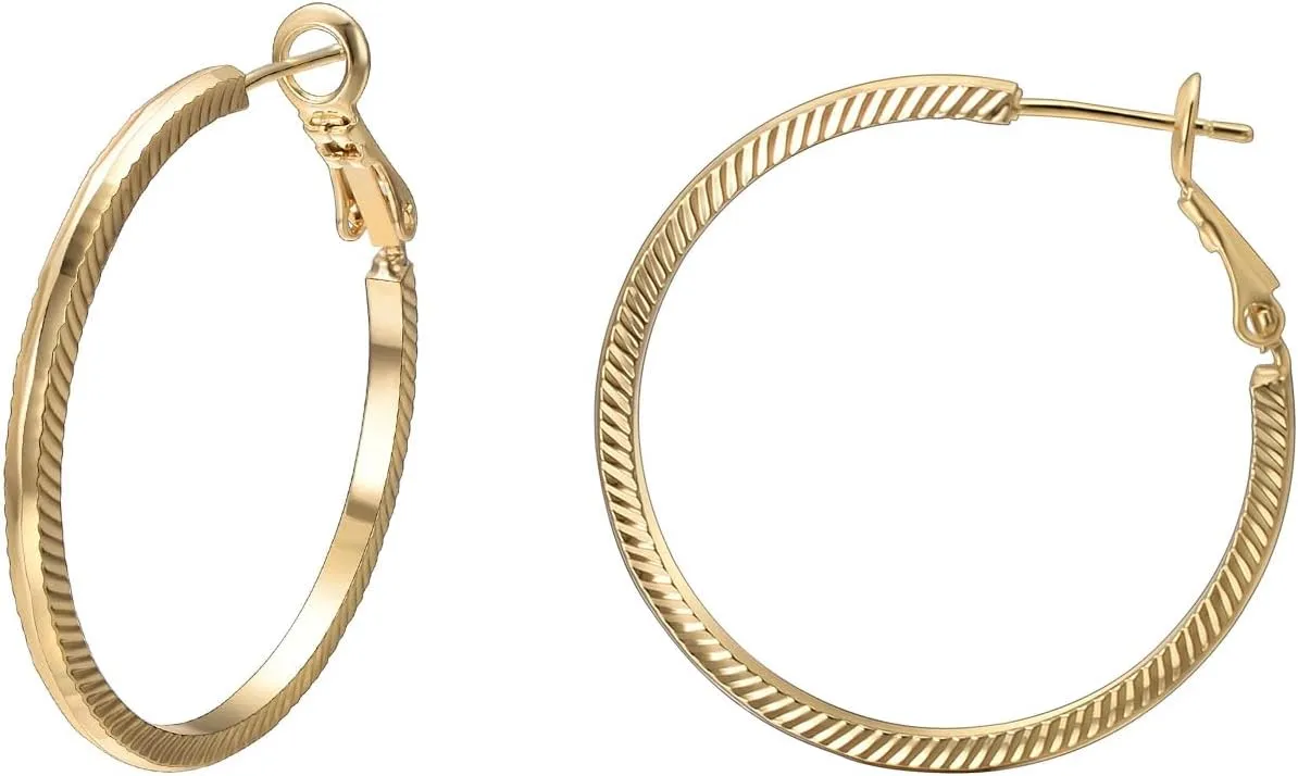 Gold Round Hoop Earrings for women 14K Gold Textured Hoop Earrings Diagonal Line Pattern Lightweight Hypoallergenic Earrings Jewelry