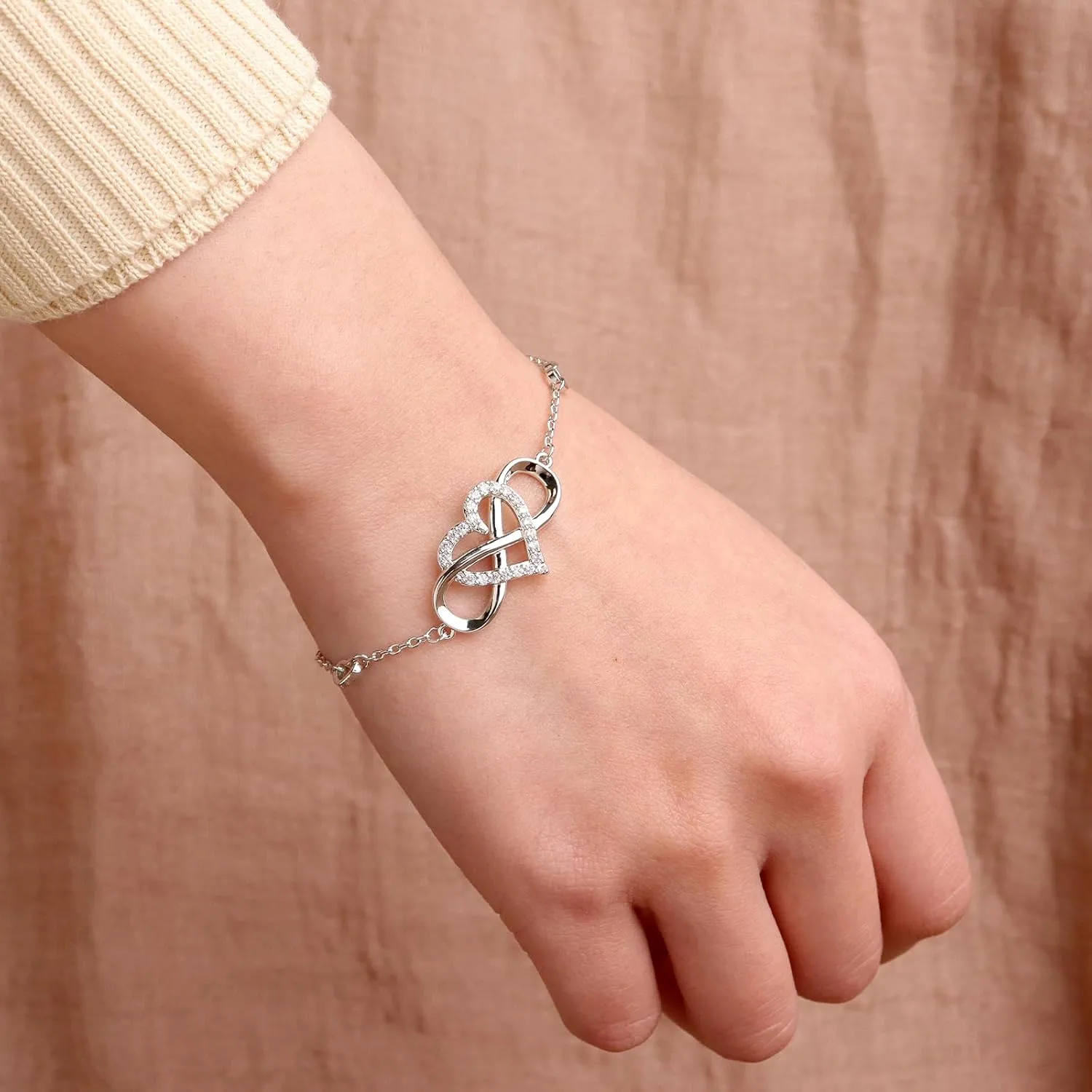 Gold Silver Heart Link Bracelets for Women, Statement Adjustable Infinite Cubic Zirconia Chain Bracelet Prom Jewelry Gift.