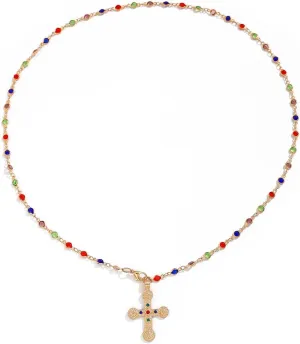 Golden Prism  Y-Shaped Cross Pendant Necklace for Women, Gold-Plated Long Chain with Multicolor Beads, Adjustable Multi-Wear Layered Jewelry