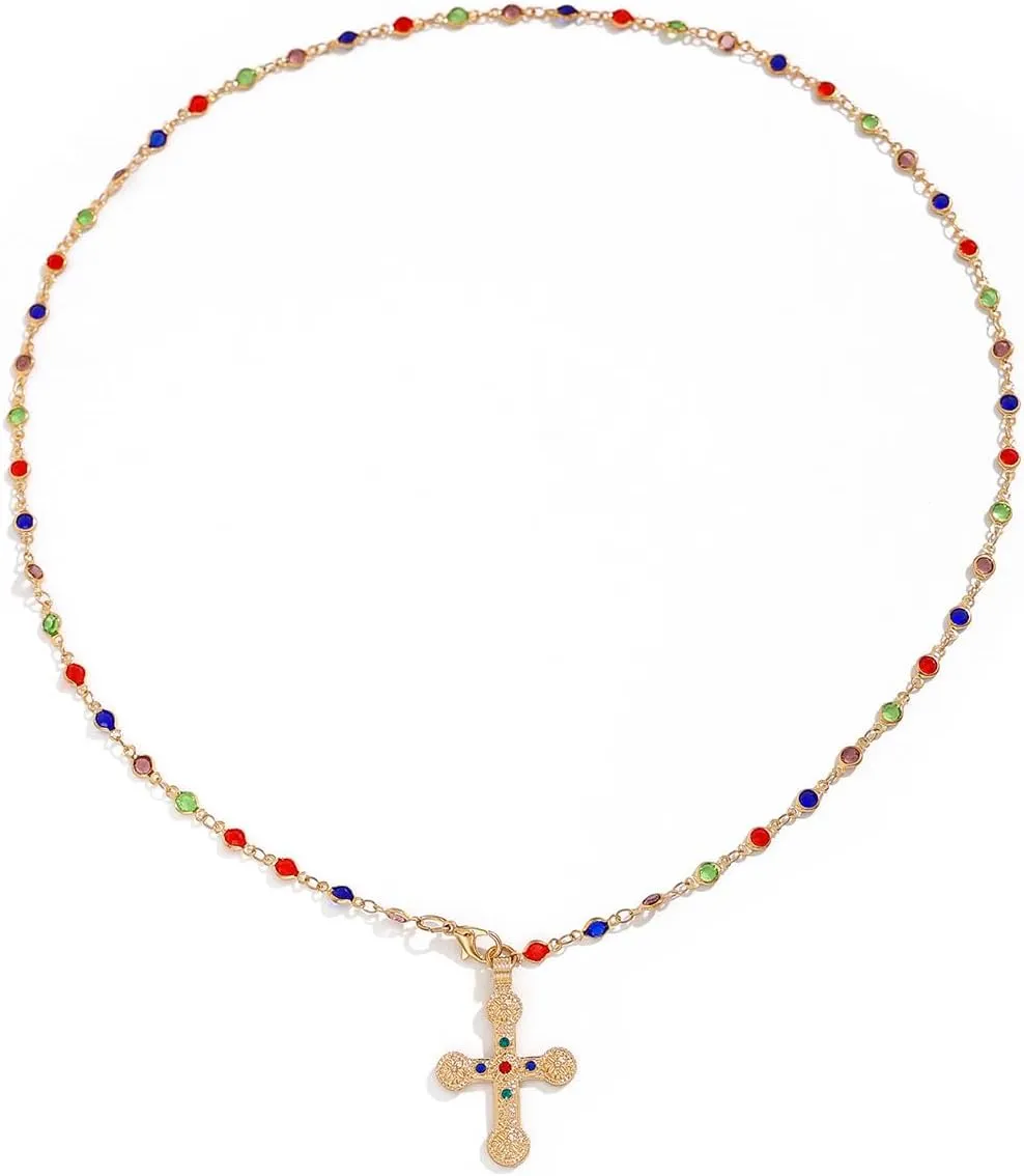 Golden Prism  Y-Shaped Cross Pendant Necklace for Women, Gold-Plated Long Chain with Multicolor Beads, Adjustable Multi-Wear Layered Jewelry