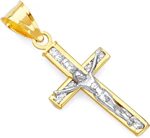 GoldenMine 14k Two Tone Gold CZ Crucifix Cross Religious Pendant (Size : 21 x 10 mm)