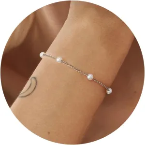 Gold/Silver Pearl Bracelet 18K Gold Plated Cultured Pearls Bracelets for Women Dainty Adjustable Beaded Link Chain Layered Bracelets Bridesmaid Jewelry Gifts for Women