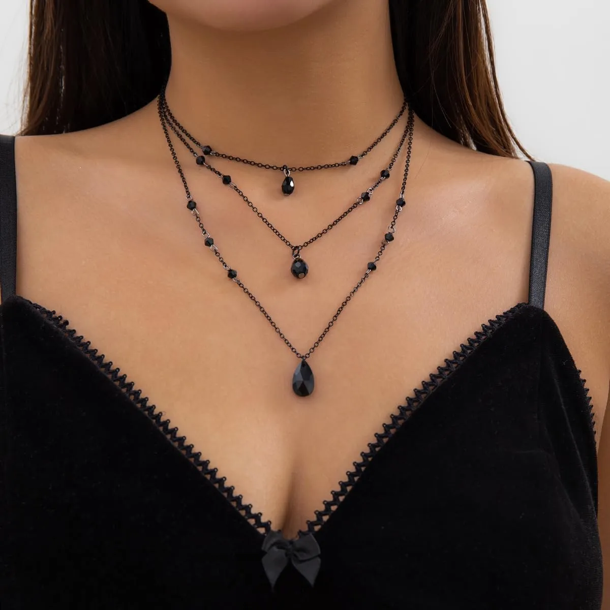 Gothic Y Necklace,Goth Black Red Crystal Bead Teardrop Necklace,Punk Y Necklaces,Halloween Christmas New Year Jewelry for Women