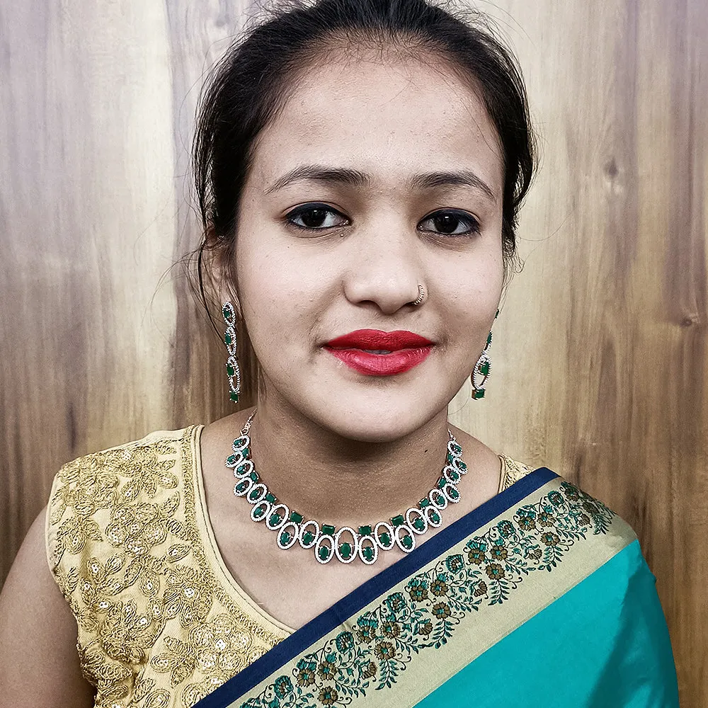 Green Color American Diamond Necklace with Earrings (D131)