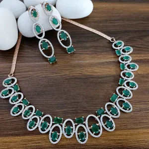 Green Color American Diamond Necklace with Earrings (D131)