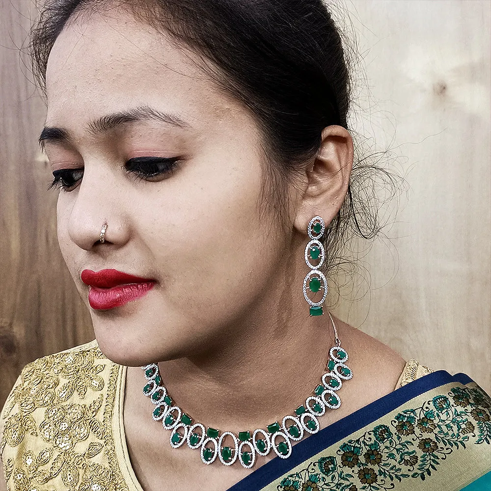 Green Color American Diamond Necklace with Earrings (D131)