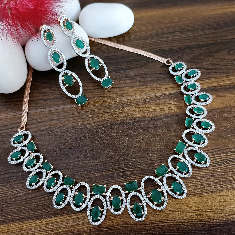 Green Color American Diamond Necklace with Earrings (D131)