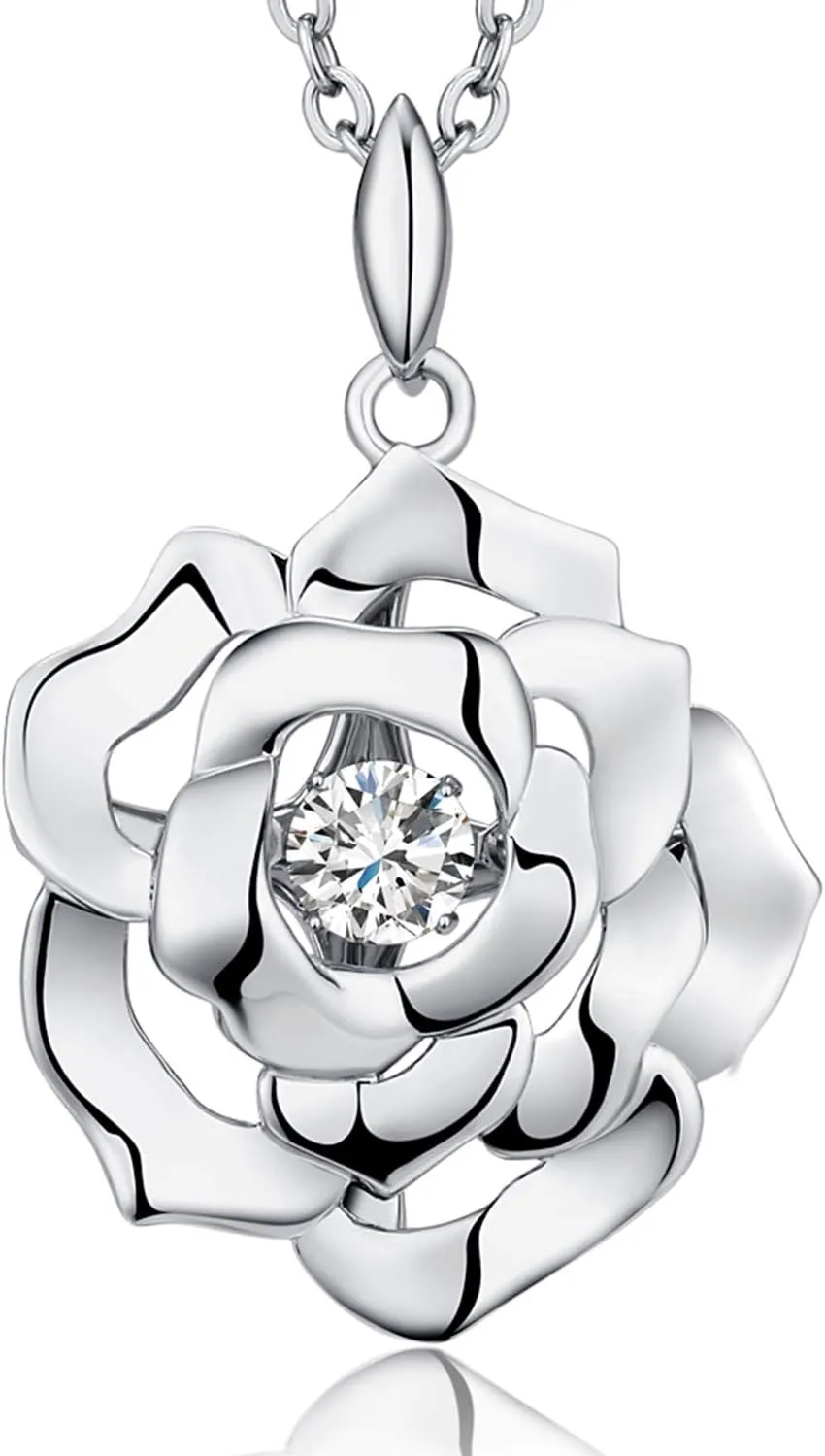 Han han 18K White Gold Plated 925 Sterling Silver Shaking CZ Diamond Pendant Necklace for Women with 5A  Cubic Zirconia, Chain 18inch