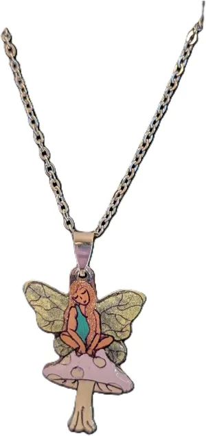 Handmade Fairy Mushroom Pendant Necklace, Glow-in-Dark Wings, 22-Inch Steel Chain