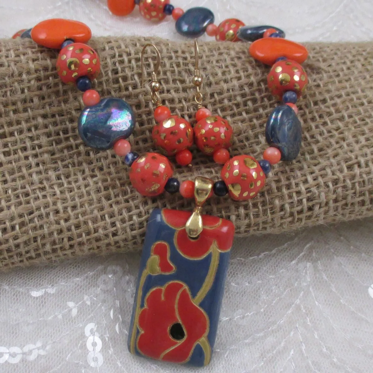 Handmade Kazuri  Fair Trade Pendant Necklace & Earrings Set