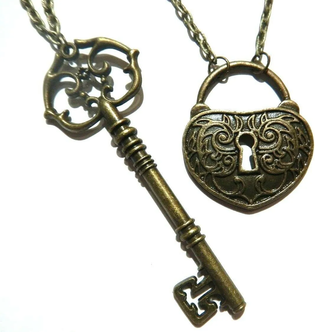 handmade Skeleton Key & Heart Padlock Necklace Set pair of bronze pendants on 24'' chains