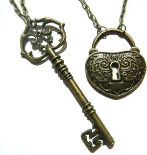 handmade Skeleton Key & Heart Padlock Necklace Set pair of bronze pendants on 24'' chains