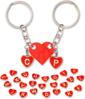 Heart Keychain Set, Couple Keychains Brick Keychain Heart for Boyfriend Girlfriend Personalized Matching Heart Key Chain & A-Z Pendants for Brick for Dad Mom Friendship Valentines Christmas(Red)