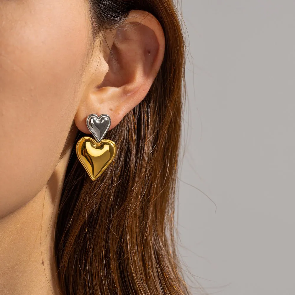 Heart on Heart Drop Earring in a two tone finish