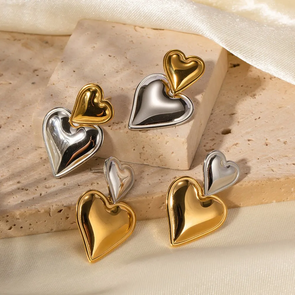 Heart on Heart Drop Earring in a two tone finish