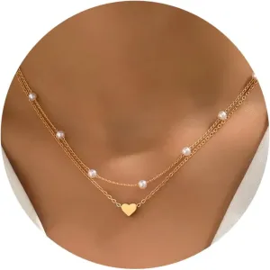 Hearth Necklaces for Women, 14K Gold Adjustable Dainty Imitation Pearl Choker Necklace, Trendy Simple Layered Chain Jewelry Gifts(Heart Pearl)