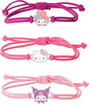 Hello Kitty Sanrio Cord Bracelet 3-Piece Set with Kuromi, My Melody Charms, Officially Licensed