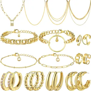 Henoyso 16 Pcs Gold Jewelry for Women Necklaces, Bracelets, Earrings, Knuckle Rings for Valentine's Birthday Wedding Parties Anniversary Birthday Friendship Gift
