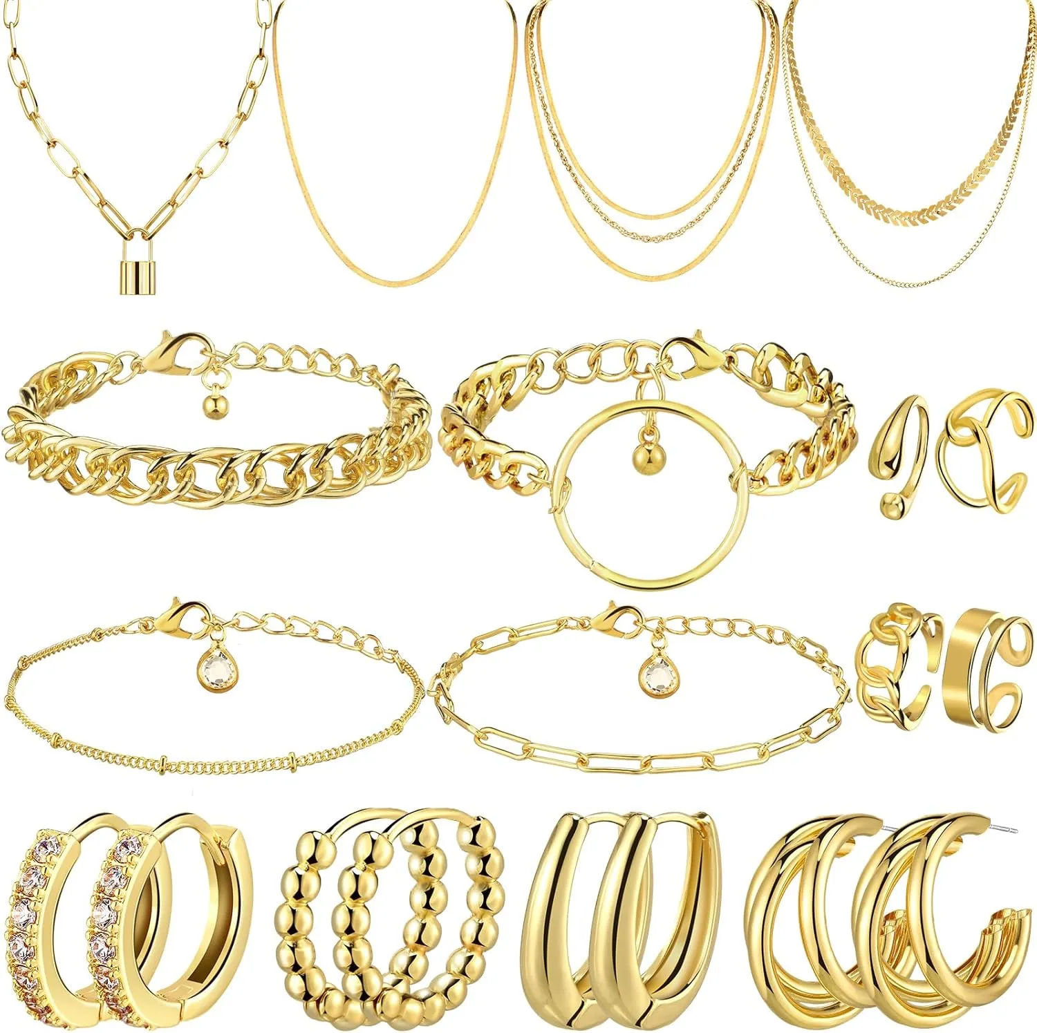 Henoyso 16 Pcs Gold Jewelry for Women Necklaces, Bracelets, Earrings, Knuckle Rings for Valentine's Birthday Wedding Parties Anniversary Birthday Friendship Gift