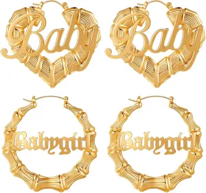 Hersin Gold Bamboo Hoop Earrings for Women 18K Gold Plated Large Round Heart Bamboo Earrings Set 80s 90s Door Knocker Earrings Trendy Hip Hop Jewelry Clothing Accessories