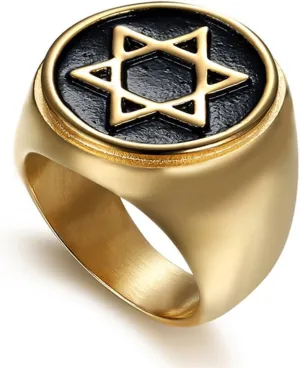 Hexagram Six-Pointed Jewish Star of David Inlay Wedding Band Rings for Men, Gold Tone