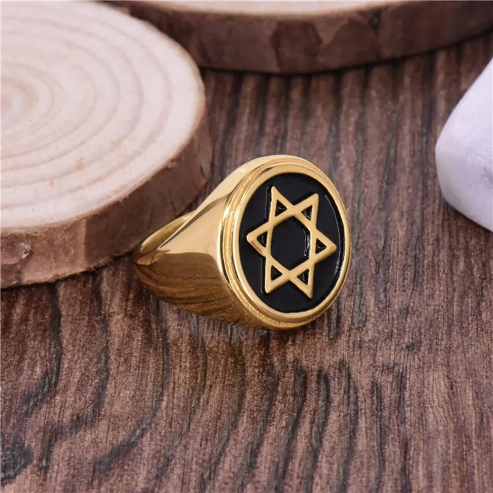 Hexagram Six-Pointed Jewish Star of David Inlay Wedding Band Rings for Men, Gold Tone